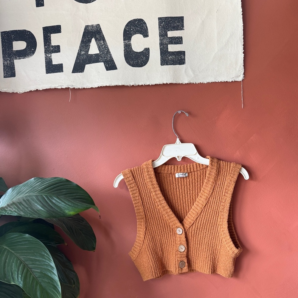Free People | Rust Orange Ribbed Knit Button Crop Vest
